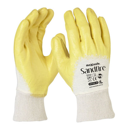 Maxisafe GNY125 Sandfire Nitrile Glove - Yellow/White - Palm and Back View