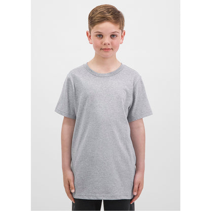 Child wearing a gray t-shirt on a white background