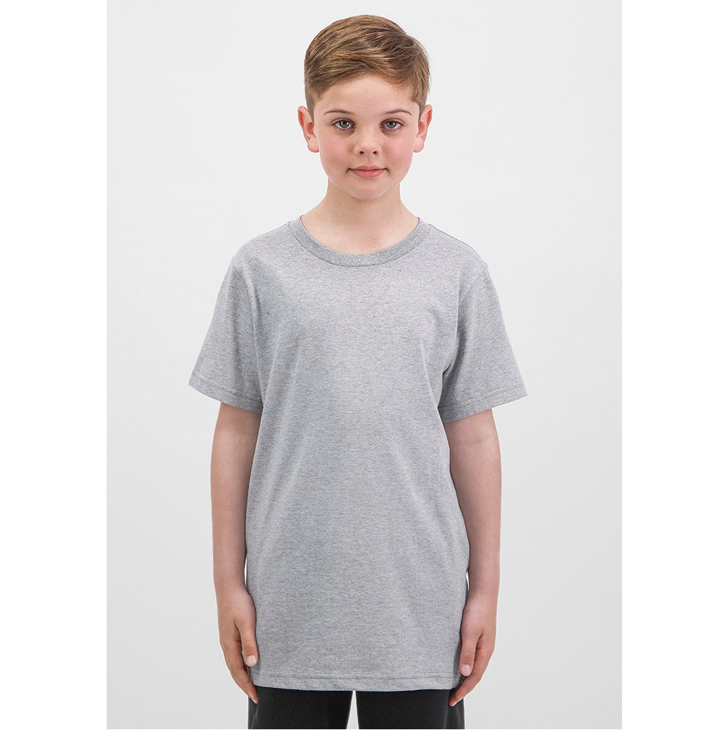 Child wearing a gray t-shirt on a white background