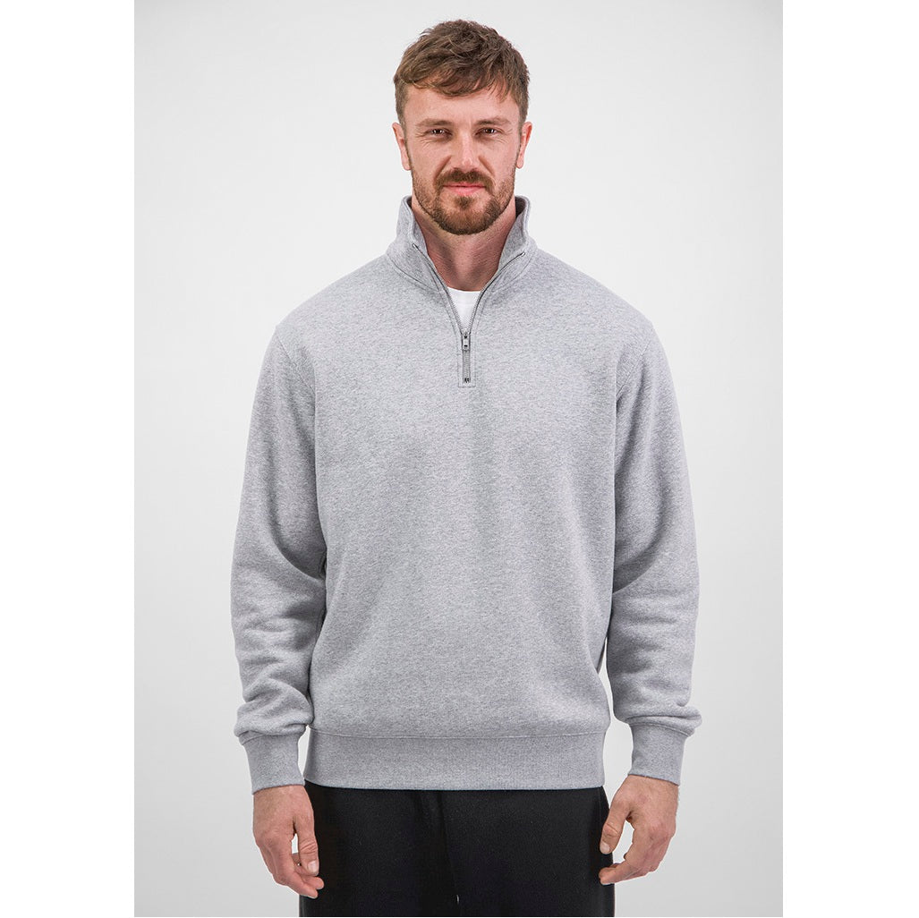 Man wearing a gray half-zip sweater on a white background