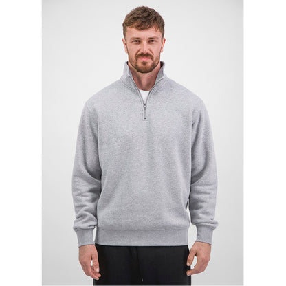 Man wearing a gray half-zip sweater on a white background