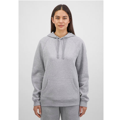 Person wearing a gray hoodie on a white background