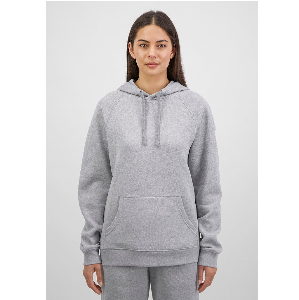 Person wearing a gray hoodie on a white background