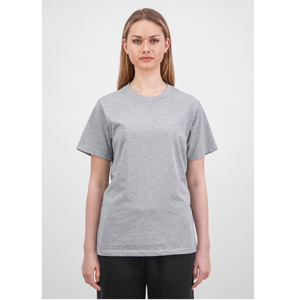 Person wearing a gray t-shirt on a white background