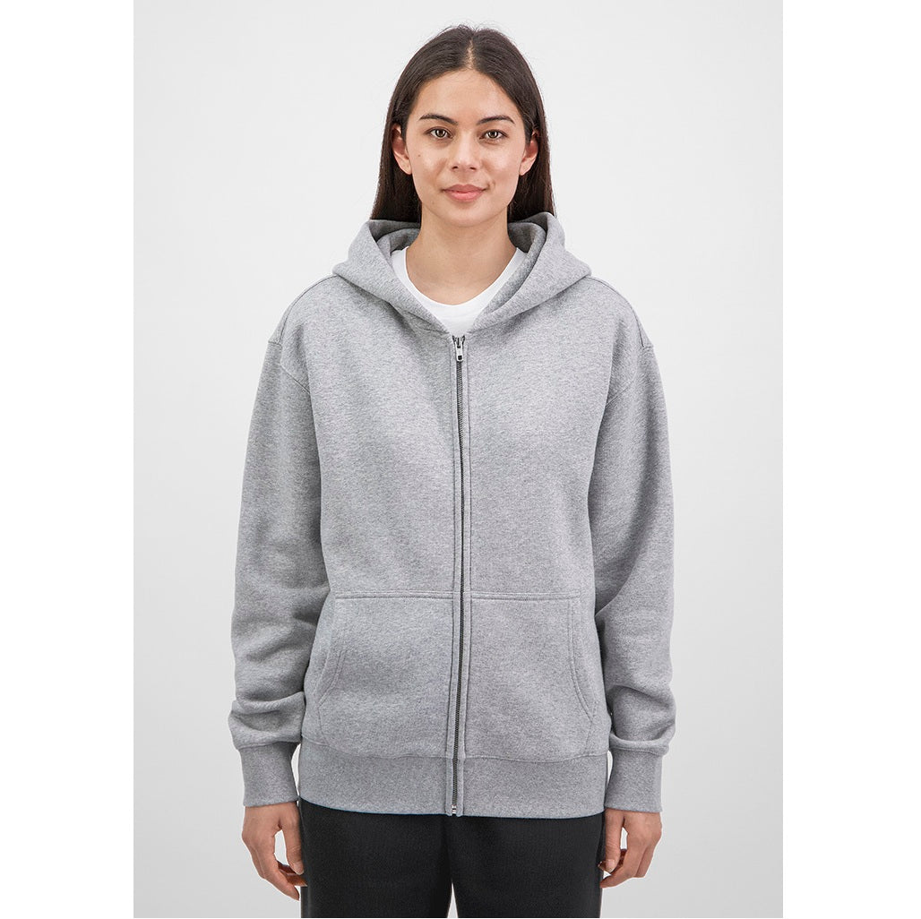 Person wearing a gray hoodie on a white background