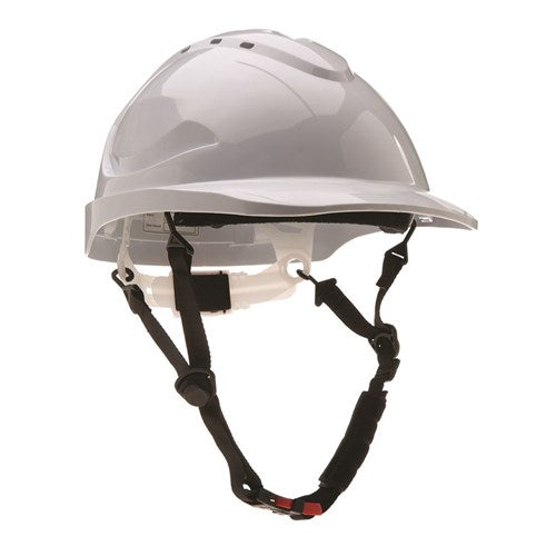White safety helmet with black chin strap on a white background