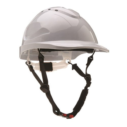 White safety helmet with black chin strap on a white background