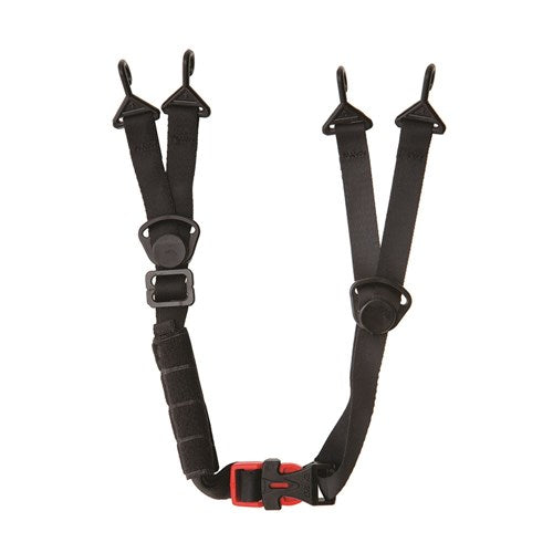 Black webbing strap with red buckle on a white background