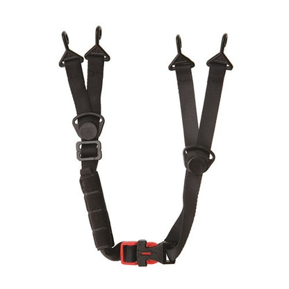 Black webbing strap with red buckle on a white background