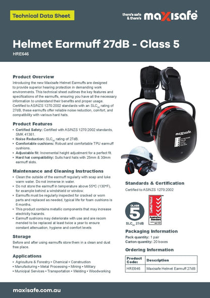 Maxisafe HRE646 Helmet Earmuff 27dB - Class 5