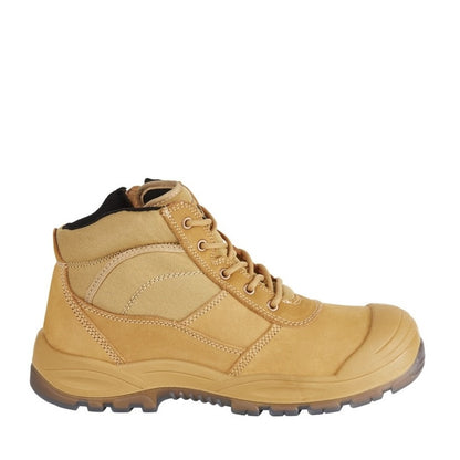 Tan work boot with a white background