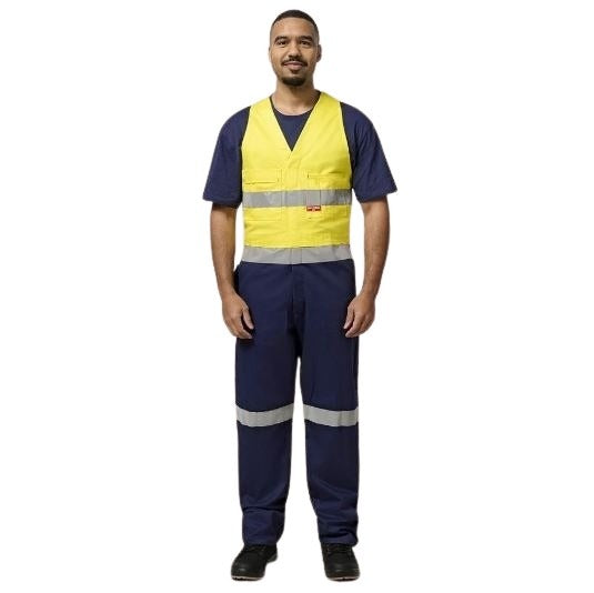 Hard Yakka Y01055 HiVis 2tone Action Back Cotton Taped Overall - Yellow/Navy - Front Model View