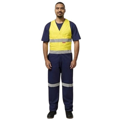 Hard Yakka Y01055 HiVis 2tone Action Back Cotton Taped Overall - Yellow/Navy - Front Model View