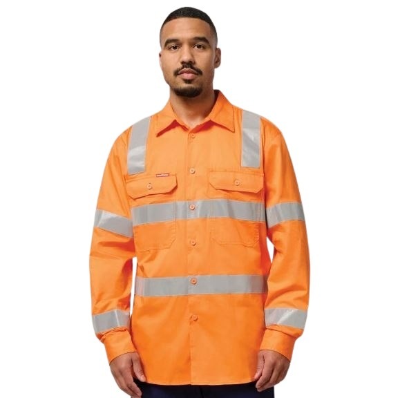 Hard Yakka Y04265 Biomotion Hi Vis Taped Cotton Drill Shirt - Orange - Front Model View