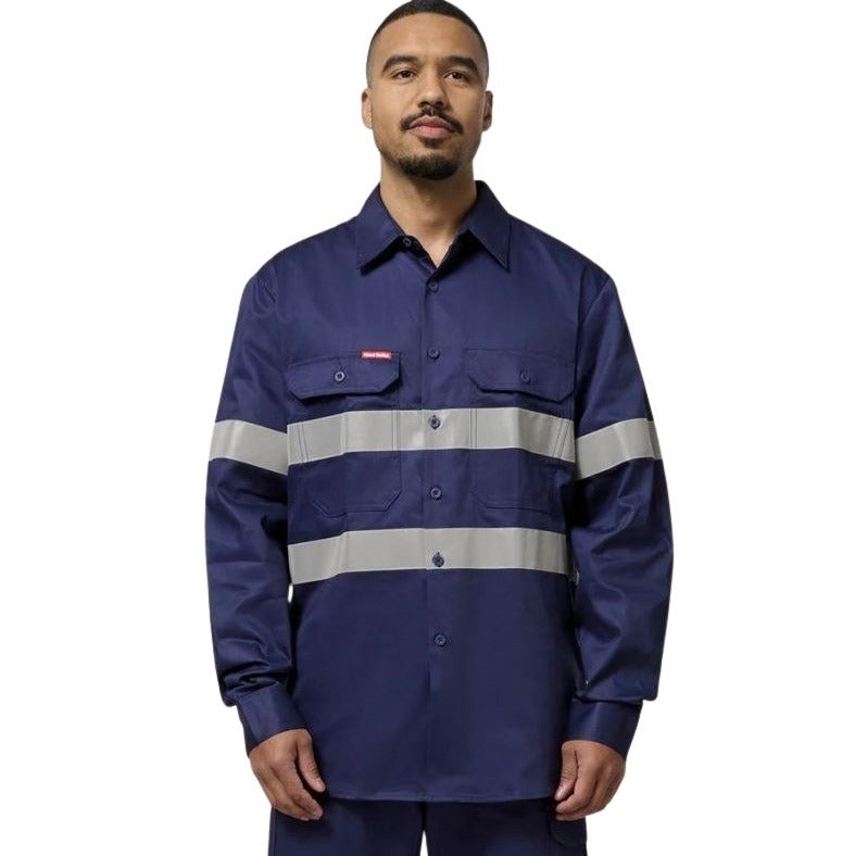 Hard Yakka Y07227 HiVis Cotton Drill Long Sleeve Taped Shirt - Navy - Front Model View