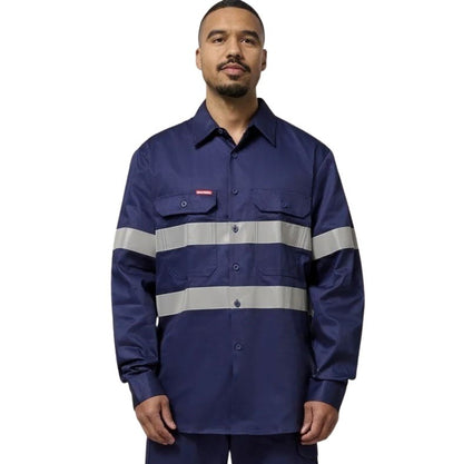 Hard Yakka Y07227 HiVis Cotton Drill Long Sleeve Taped Shirt - Navy - Front Model View