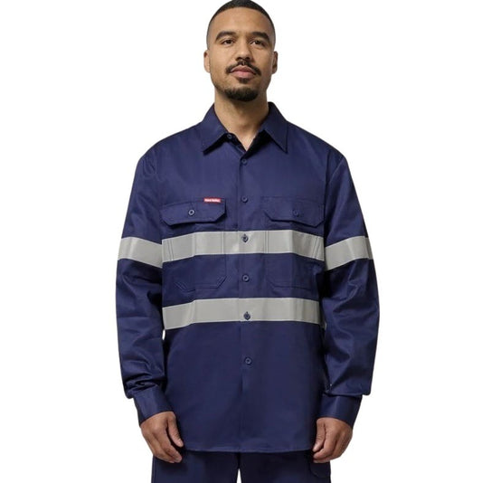 Hard Yakka Y07227 HiVis Cotton Drill Long Sleeve Taped Shirt - Navy - Front Model View