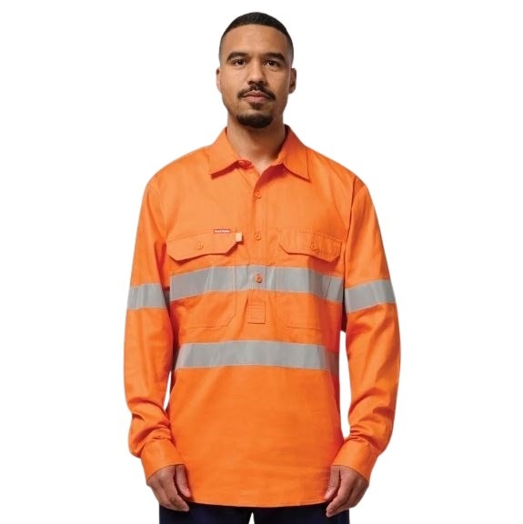Hard Yakka Y07899 Hi Vis Closed Front Taped Long Sleeve Cotton Drill Shirt - Orange - Front Model View