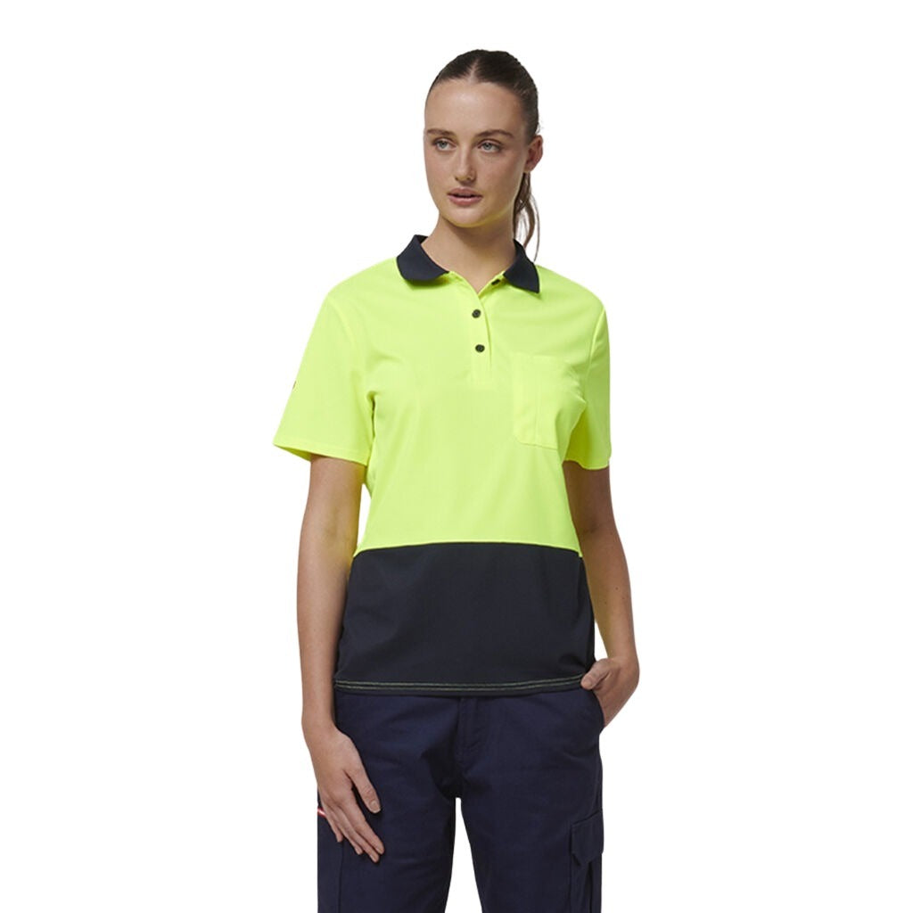 Hard Yakka Y08601 Womens Short Sleeve Hi Vis Polo - Yellow/Navy - Front Model View