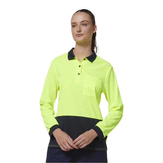 Hard Yakka Y08603 Womens Long Sleeve Hi Vis Polo - Yellow/Navy - Front Model View