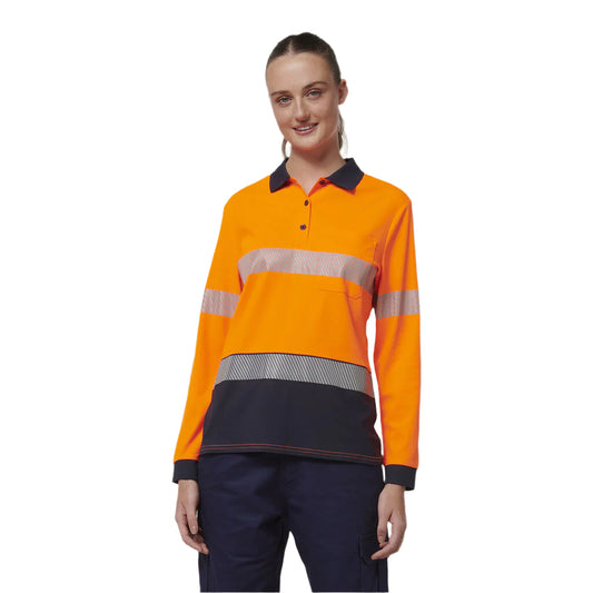 Hard Yakka Y08604 Womens Long Sleeve Hi Vis Taped Polo - Orange/Navy - Front Model View