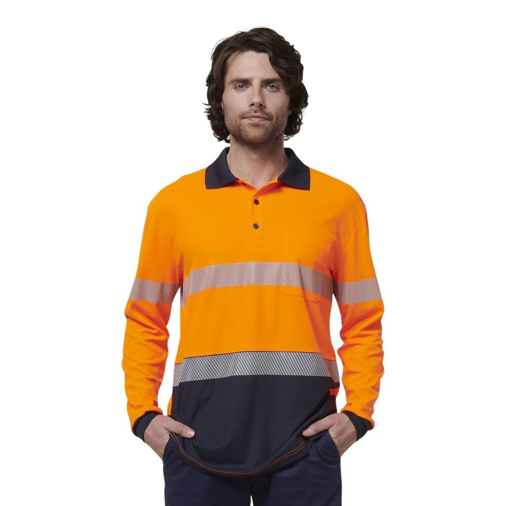 Hard Yakka Y19619 Mens Long Sleeve Hi Vis Taped Polo - Orange/Navy - Front Model View