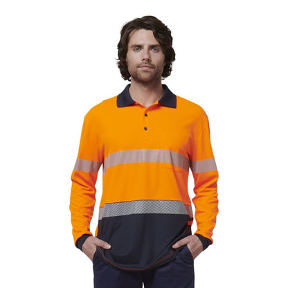 Hard Yakka Y19619 Mens Long Sleeve Hi Vis Taped Polo - Orange/Navy - Front Model View