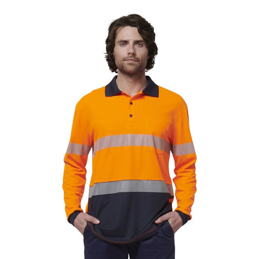 Hard Yakka Y19619 Mens Long Sleeve Hi Vis Taped Polo - Orange/Navy - Front Model View