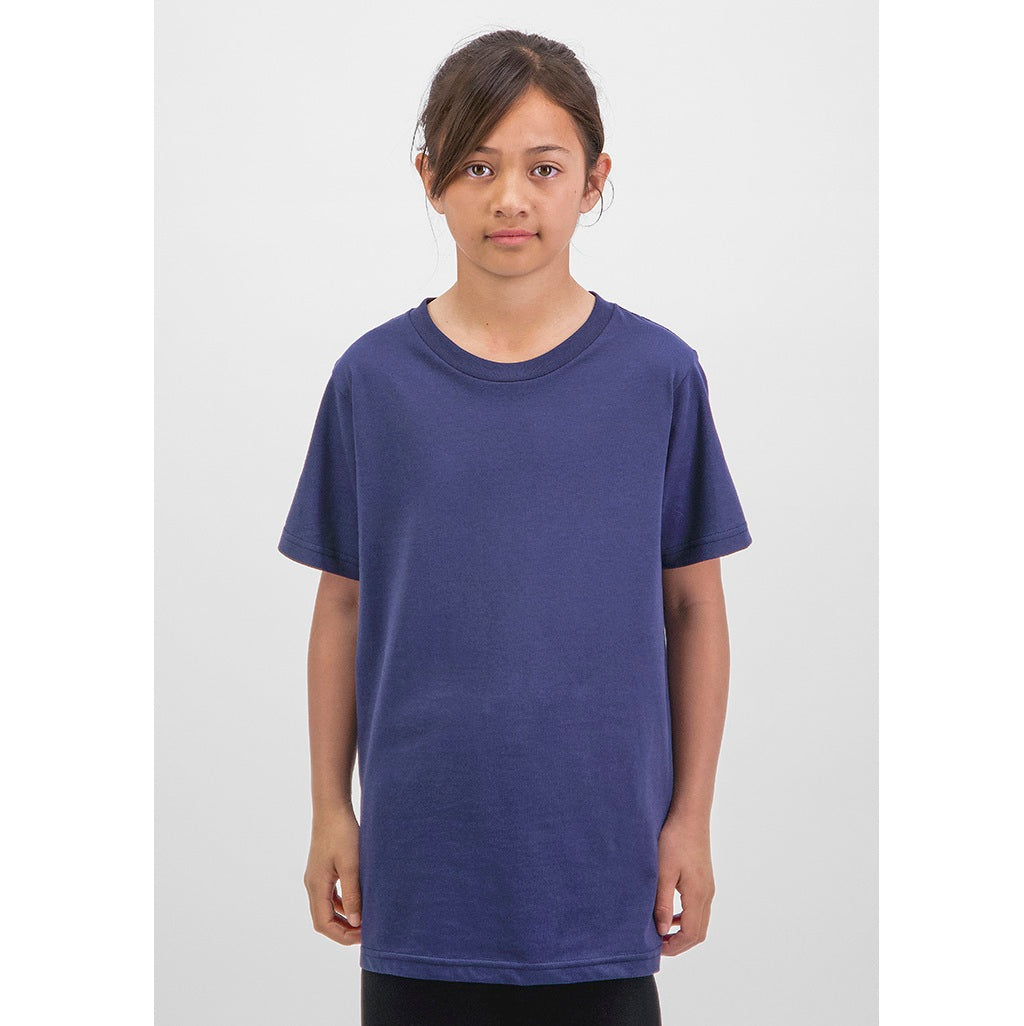 Person wearing a plain blue t-shirt on a white background