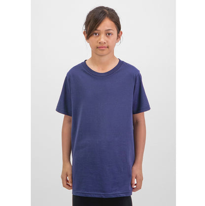 Person wearing a plain blue t-shirt on a white background