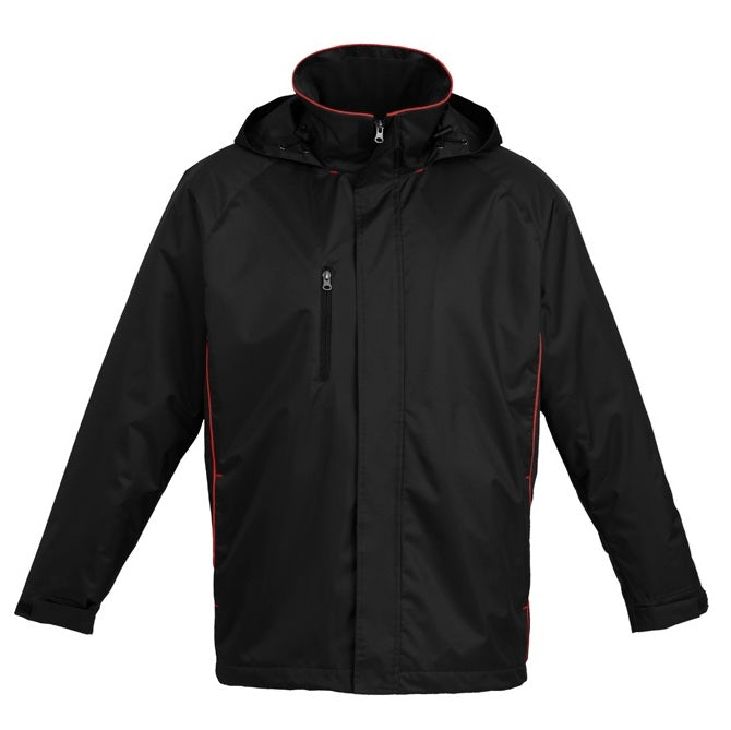 Mens black with red water proof wind proof zip up high collar hooded Biz Collection J236ML Unisex Core Jacket