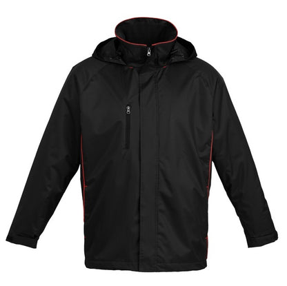 Mens black with red water proof wind proof zip up high collar hooded Biz Collection J236ML Unisex Core Jacket