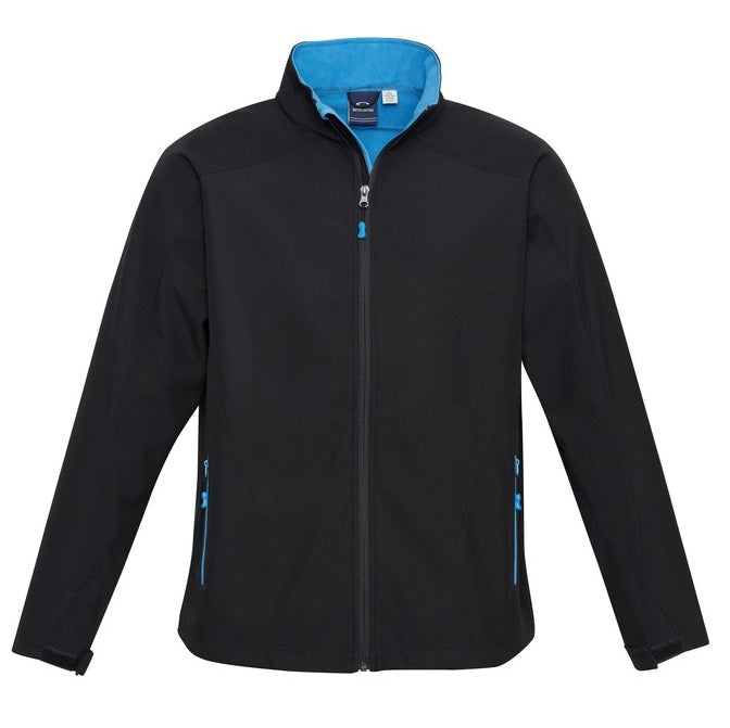 Unisex Kids black and cyan blue durable easy wear weather resistant sports team or school uniforms Biz Collection J307K Geneva Kids Softshell jacket