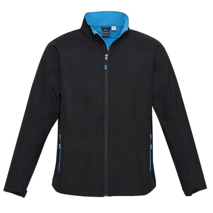 Unisex Kids black and cyan blue durable easy wear weather resistant sports team or school uniforms Biz Collection J307K Geneva Kids Softshell jacket