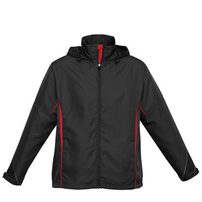 Mens or womens unisex black with red hooded wind and rain resistant zip up moisture wicking adjustable cuff sports jacket Biz Collection J408M Razor Mens Jacket