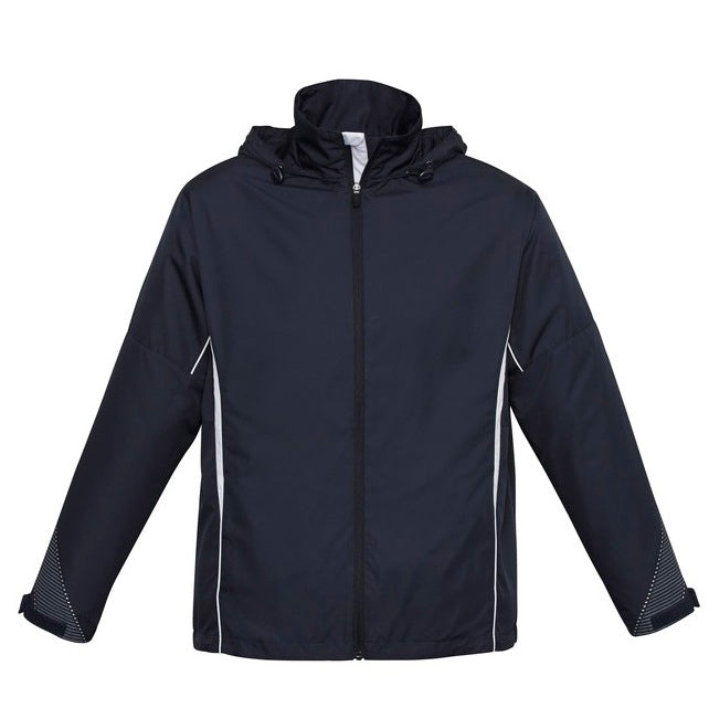 Mens or womens unisex navy with white high zip up to collar adjustable hood breathable lightweight easy care Biz Collection J408M Razor Mens Jacket