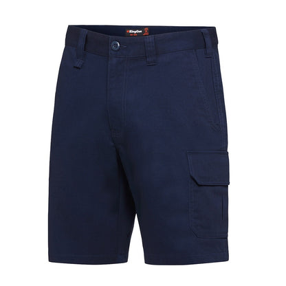 A pair of navy blue KingGee stretch cargo shorts with multiple pockets.