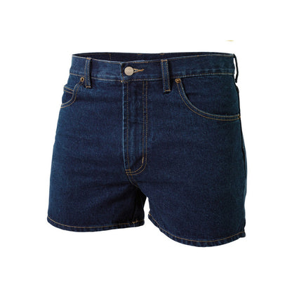 A pair of KingGee stretch denim work shorts in a dark stone wash color, featuring a classic five-pocket design and a shorter length.
