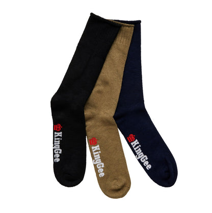 Three pairs of KingGee branded bamboo socks in khaki, black, and navy colors, displayed in an alternating pattern.