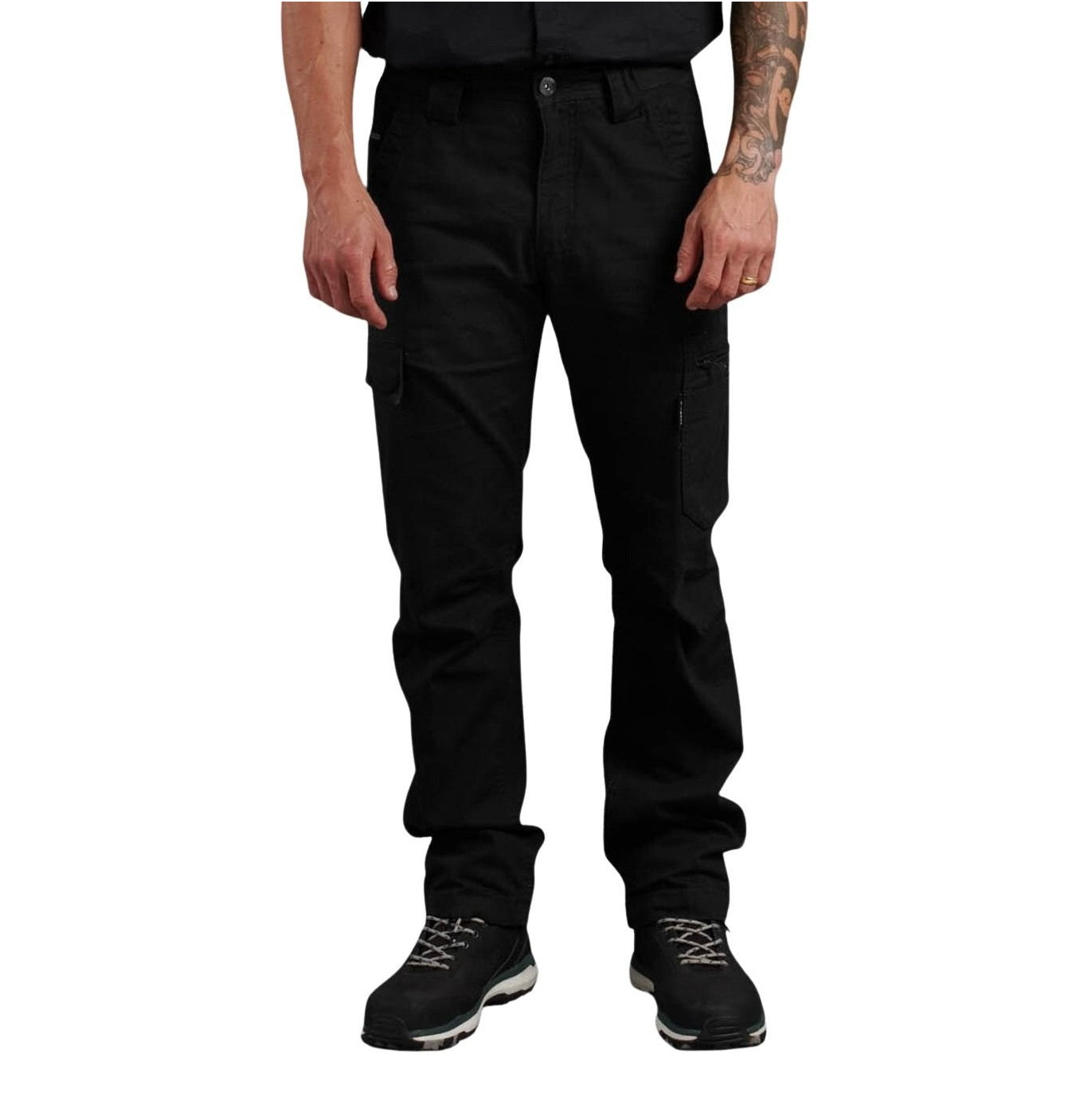 Person wearing black cargo pants on a white background