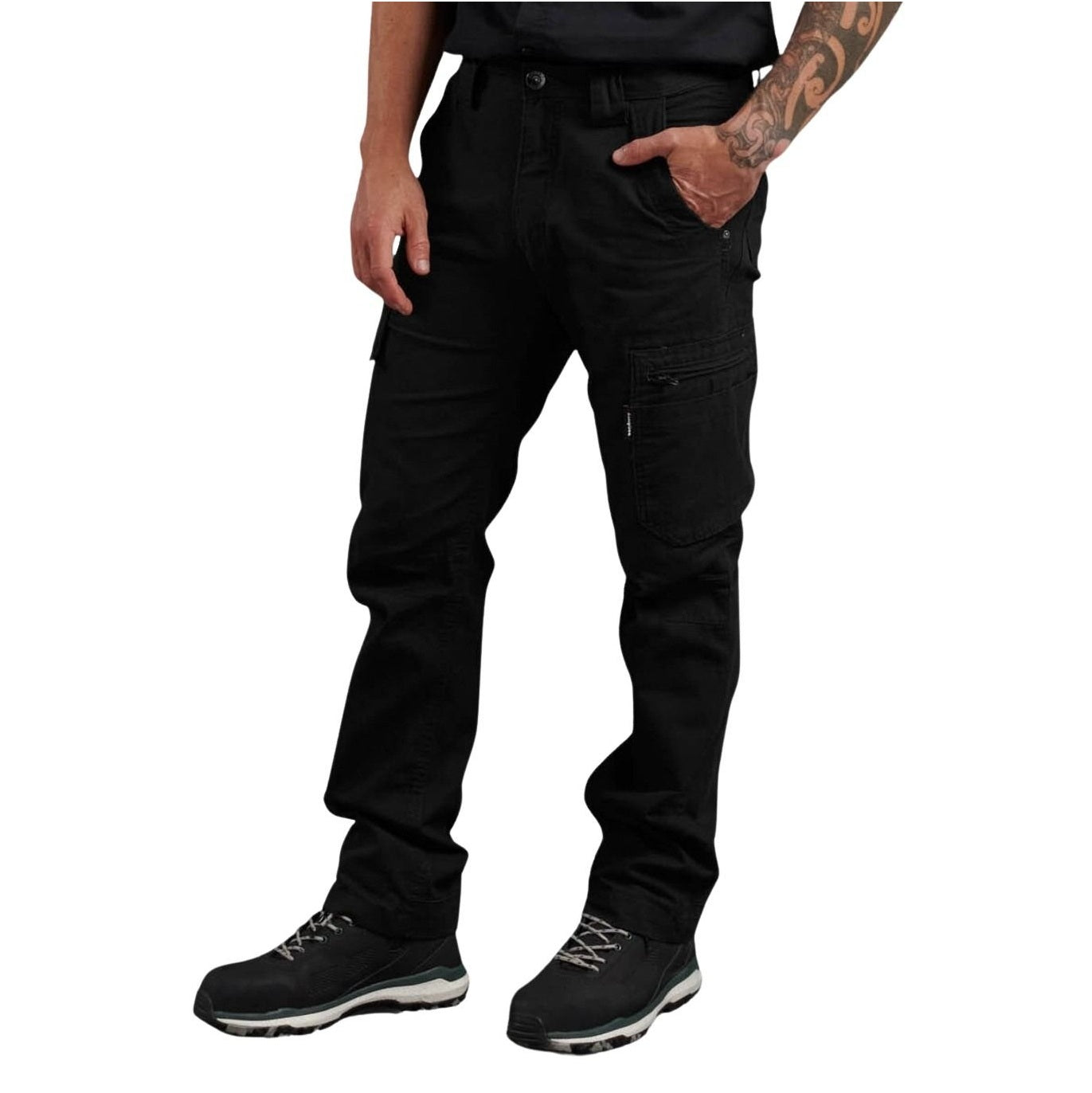 Person wearing black cargo pants on a white background