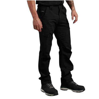 Person wearing black tactical pants on a white background