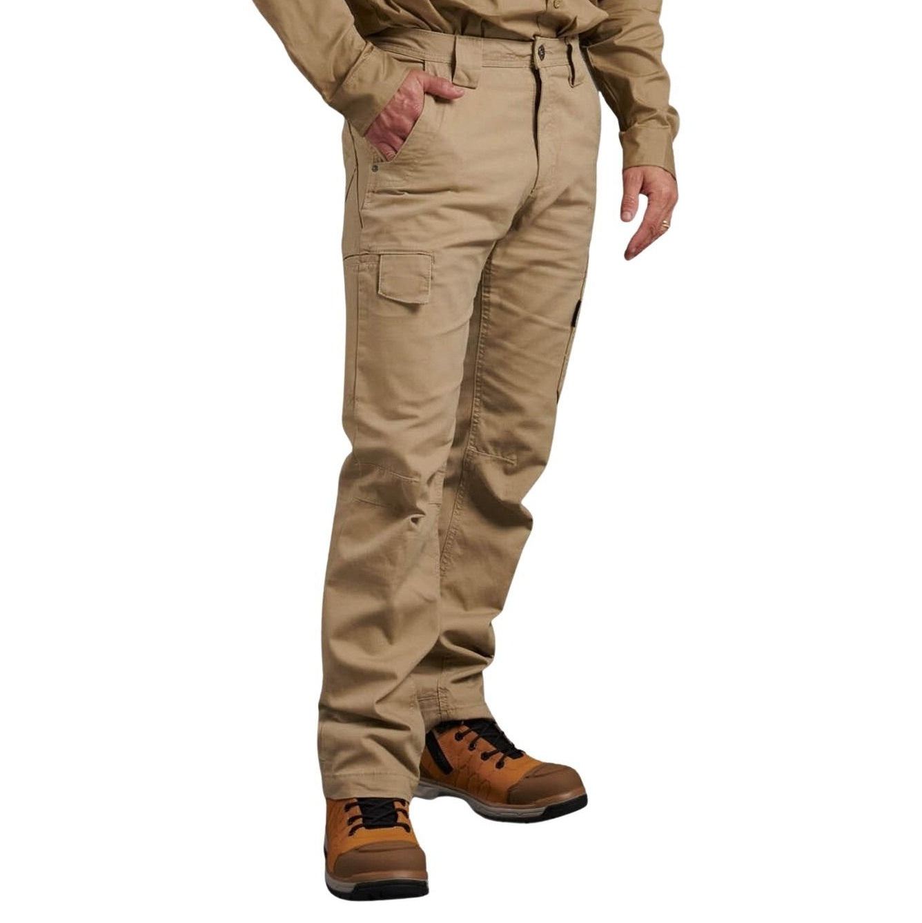 Person wearing beige cargo pants and brown boots on a white background