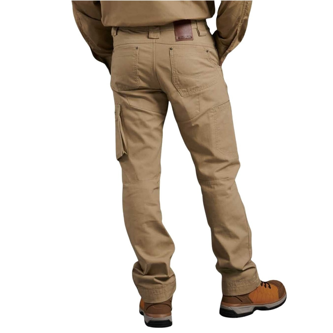 Tan pants worn by a person on a white background