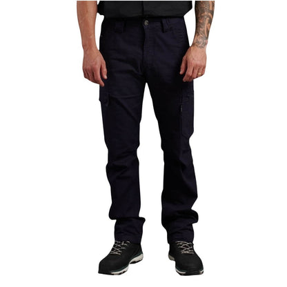 Person wearing black cargo pants on a white background