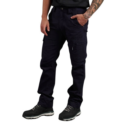 Person wearing dark blue cargo pants on a white background