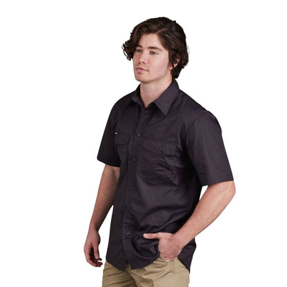 Man wearing a black short-sleeve shirt on a white background