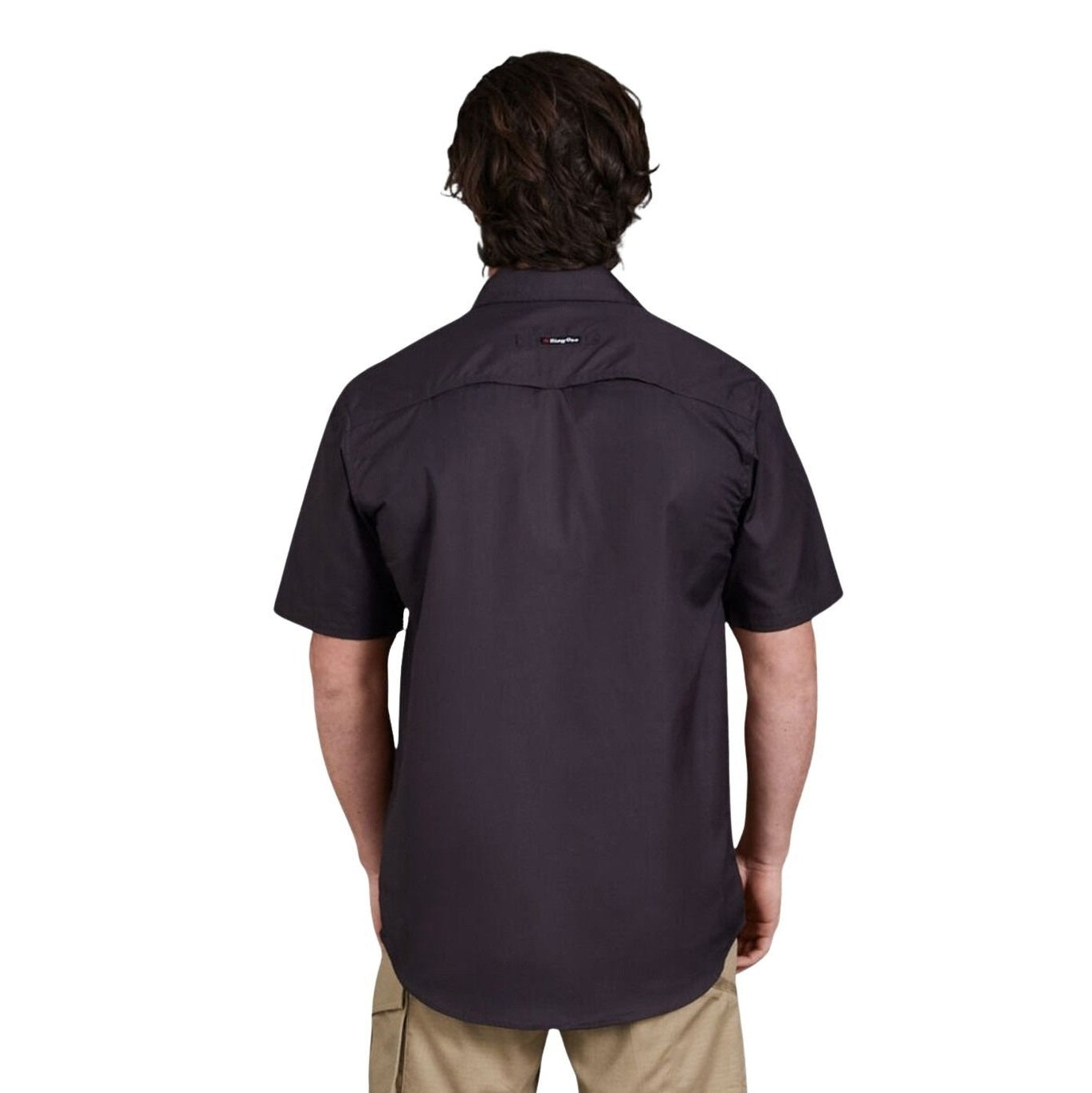 Person wearing a black short-sleeve shirt on a white background