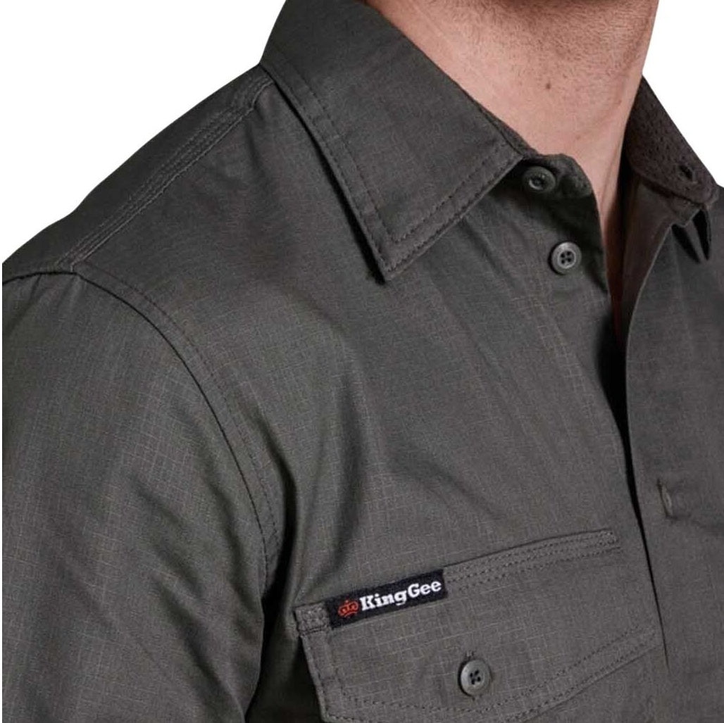 Gray work shirt with King Gee logo on a white background