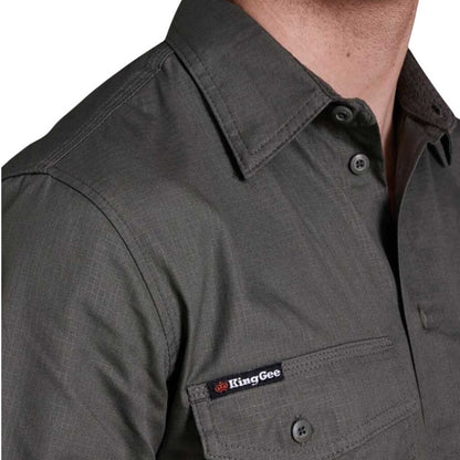Gray work shirt with King Gee logo on a white background